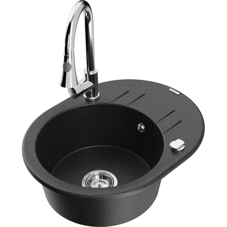 Mexen Kevin granitinė 1 kamerų plautuvė su nusausintuvu ir virtuvės maišytuvu Elia, juoda/sidabrinė metaliko spalva