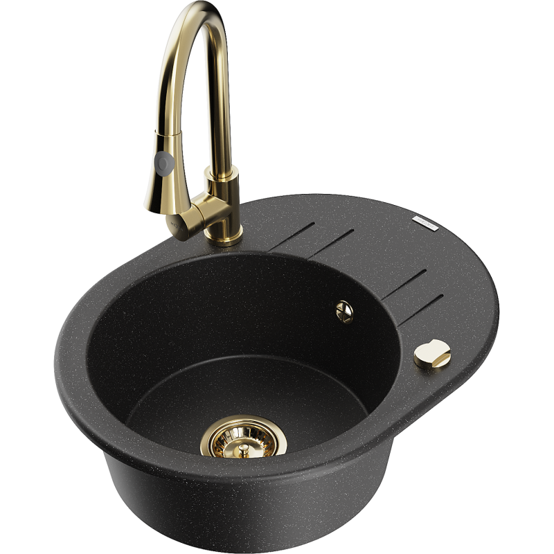 Mexen Kevin granitinė vienos kameros virtuvės kriauklė su nutekėjimu ir virtuvės maišytuvu Elia, juodos/sidabrinės