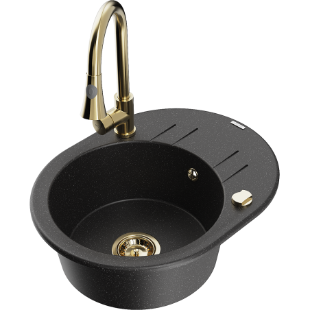 Mexen Kevin granitinė vienos kameros virtuvės kriauklė su nutekėjimu ir virtuvės maišytuvu Elia, juodos/sidabrinės