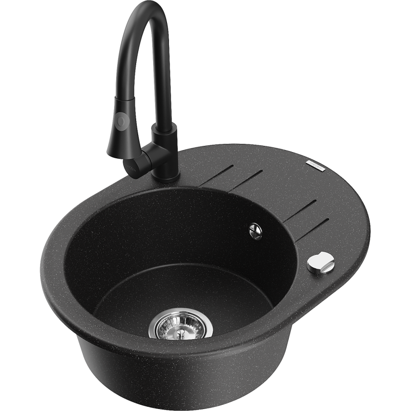 Mexen Kevin vienos kameros granitinė kriauklė su drenažu ir virtuviniu maišytuvu Elia, juoda/sidabrinė metaliko