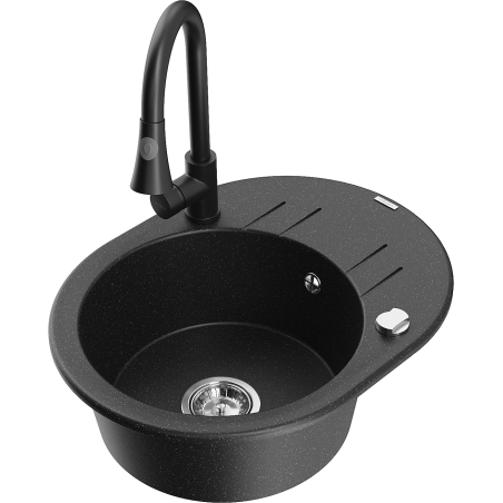 Mexen Kevin vienos kameros granitinė kriauklė su drenažu ir virtuviniu maišytuvu Elia, juoda/sidabrinė metaliko