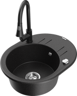 Mexen Kevin vienos kameros granitinė kriauklė su drenažu ir virtuviniu maišytuvu Elia, juoda/sidabrinė metaliko