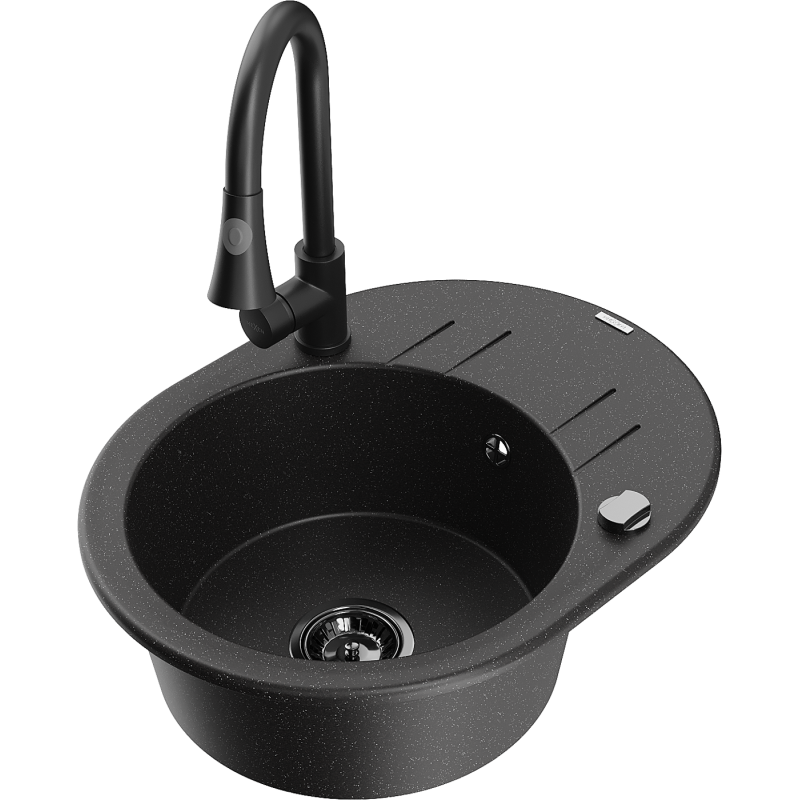 Mexen Kevin granitinė virtuvės plautuvė su viena kamera, nusausintuvu ir Elia virtuviniu maišytuvu, juoda/sidabrinė