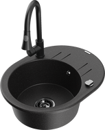 Mexen Kevin granitinė virtuvės plautuvė su viena kamera, nusausintuvu ir Elia virtuviniu maišytuvu, juoda/sidabrinė