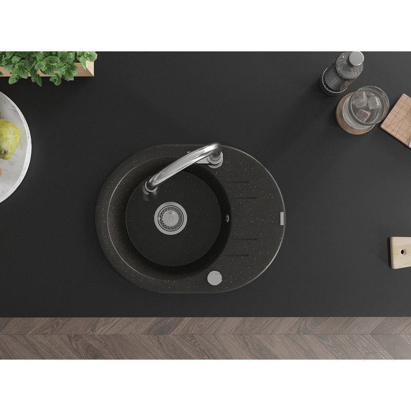 Mexen Kevin granitinė plautuvė su viena kamera, nutekėjimo lentynėle ir Elia virtuvinis maišytuvas, juoda/auksinė metalika