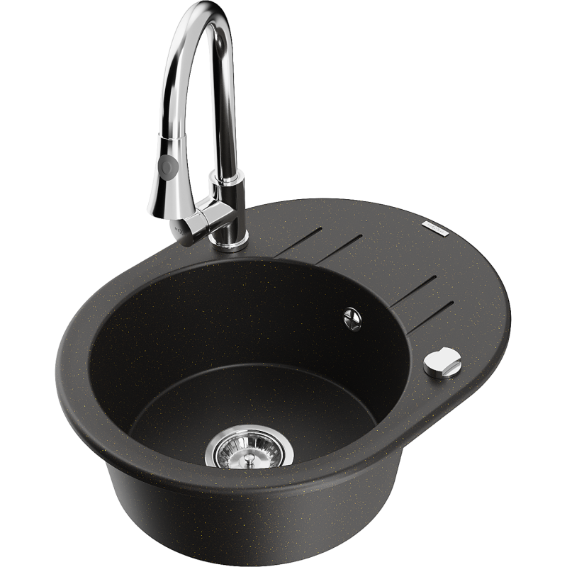 Mexen Kevin granitinė plautuvė su viena kamera, nutekėjimo lentynėle ir Elia virtuvinis maišytuvas, juoda/auksinė metalika