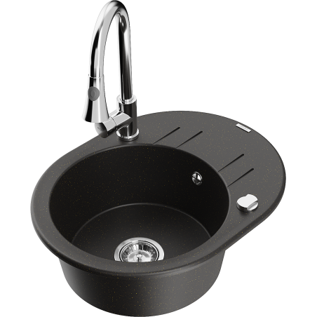 Mexen Kevin granitinė plautuvė su viena kamera, nutekėjimo lentynėle ir Elia virtuvinis maišytuvas, juoda/auksinė metalika