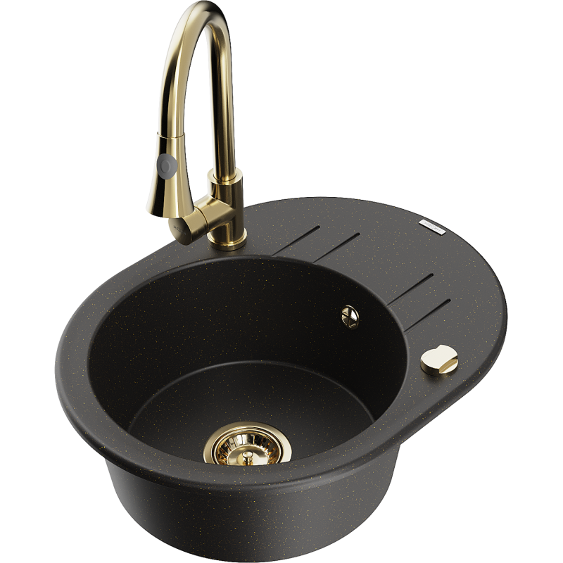 Mexen Kevin granitinė vienos kameros kriauklė su nusausintuvu ir virtuviniu maišytuvu Elia, juoda/auksinė metalo spalva