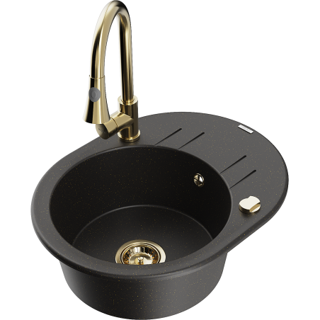 Mexen Kevin granitinė vienos kameros kriauklė su nusausintuvu ir virtuviniu maišytuvu Elia, juoda/auksinė metalo spalva