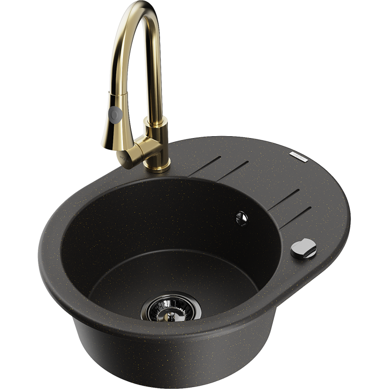 Mexen Kevin granitinis vienos kameros virtuvinis kriauklė su nutekėjimo zona ir virtuviniu maišytuvu Elia, juodas/auksinis