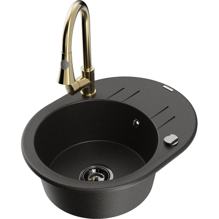 Mexen Kevin granitinis vienos kameros virtuvinis kriauklė su nutekėjimo zona ir virtuviniu maišytuvu Elia, juodas/auksinis