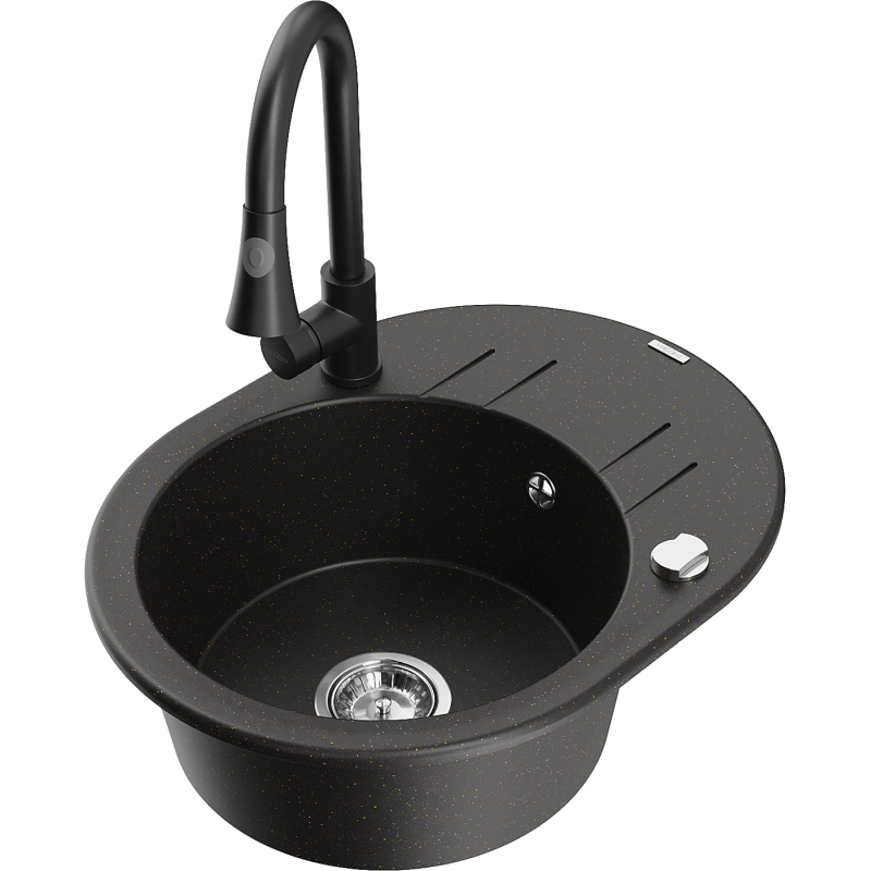 Mexen Kevin granito kriauklė su viena kamera ir nutekėjimo skyriumi bei virtuviniu maišytuvu Elia, juoda/auksinio metalo