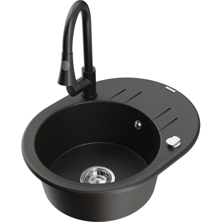 Mexen Kevin granito kriauklė su viena kamera ir nutekėjimo skyriumi bei virtuviniu maišytuvu Elia, juoda/auksinio metalo