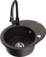 Mexen Kevin granito kriauklė su viena kamera ir nutekėjimo skyriumi bei virtuviniu maišytuvu Elia, juoda/auksinio metalo