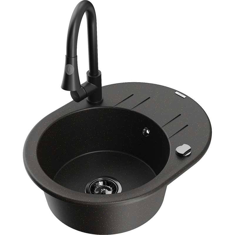 Mexen Kevin vienos komoros granito plautuvė su nutekėjimu ir virtuviniu maišytuvu Elia, juodas/auksinis metalikas