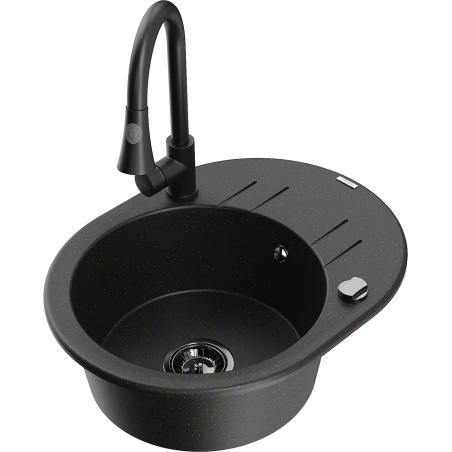 Mexen Kevin vienos komoros granito plautuvė su nutekėjimu ir virtuviniu maišytuvu Elia, juodas/auksinis metalikas