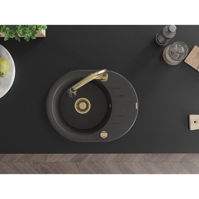 Mexen Kevin granitinė vienos sekcijos plautuvė su indų džiovyklė ir Elia virtuvės maišytuvu, juoda su taškeliais