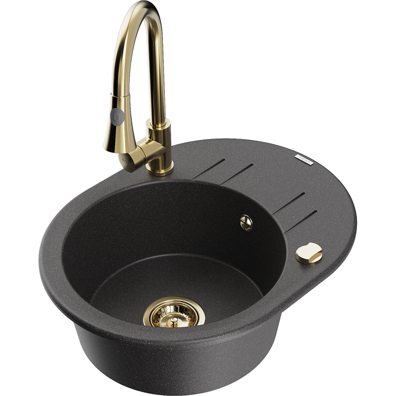 Mexen Kevin granitinė vienos sekcijos plautuvė su indų džiovyklė ir Elia virtuvės maišytuvu, juoda su taškeliais