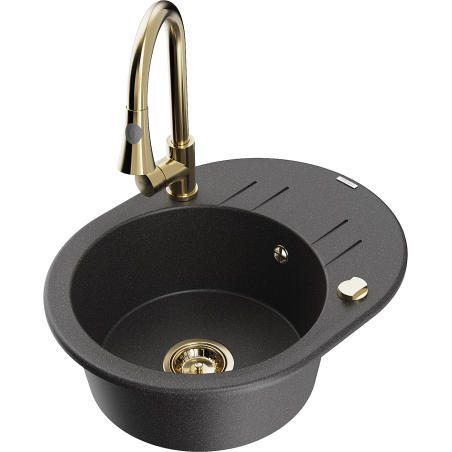 Mexen Kevin granitinė vienos sekcijos plautuvė su indų džiovyklė ir Elia virtuvės maišytuvu, juoda su taškeliais