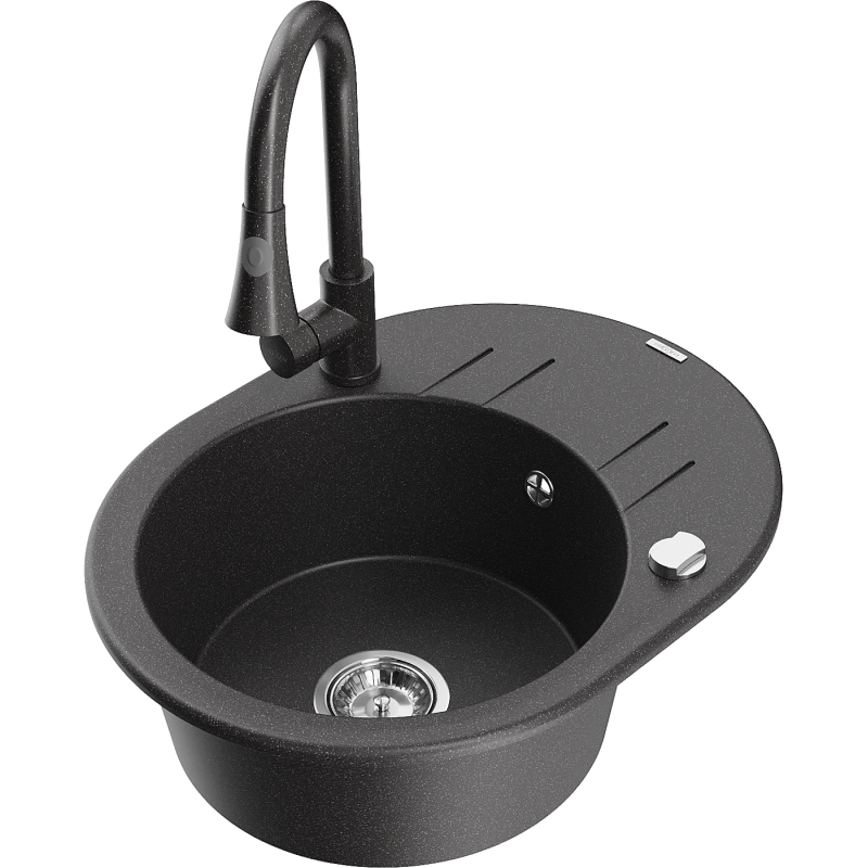 Mexen Kevin granitinė vienos kameros plautuvė su nusausintuvu ir virtuviniu maišytuvu Elia, juodos spalvos spragėjusis