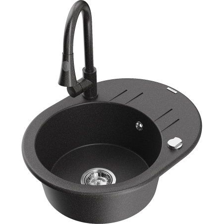 Mexen Kevin granitinė vienos kameros plautuvė su nusausintuvu ir virtuviniu maišytuvu Elia, juodos spalvos spragėjusis