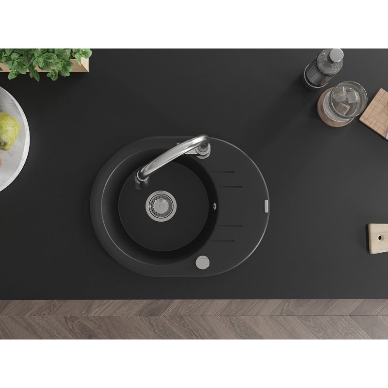 Mexen Kevin granitinė vienos kameros plautuvė su nusausintuvu ir virtuviniu maišytuvu Elia, juoda - 6517-77-670101-00