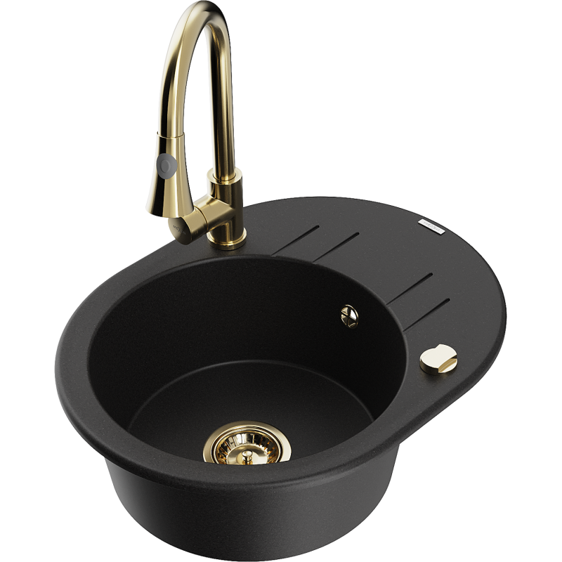 Mexen Kevin granitinis virtuvės kriauklė 1-dubeninis su lašintuvu ir Elia virtuvės maišytuvu, juodas - 6517-77-670101-50