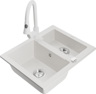 Mexen Carlos granitinė plautuvė 1,5 kamerų su virtuviniu maišytuvu Elia, balta - 6518-20-670101-20