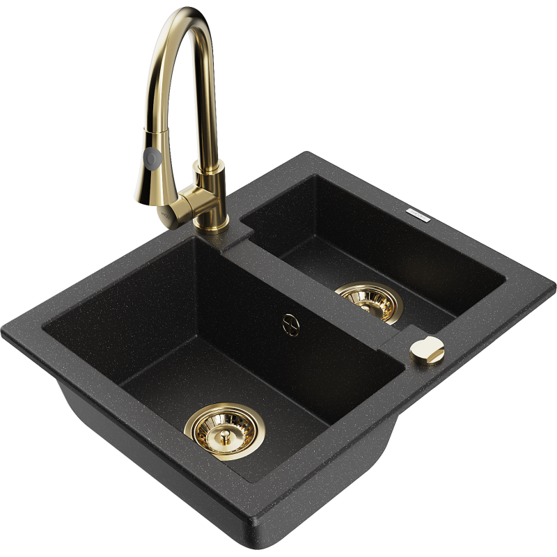 Mexen Carlos granitinė 1,5 slėnių kriauklė su virtuviniu maišytuvu Elia, juoda/sidabrinė metalika - 6518-73-670101-50