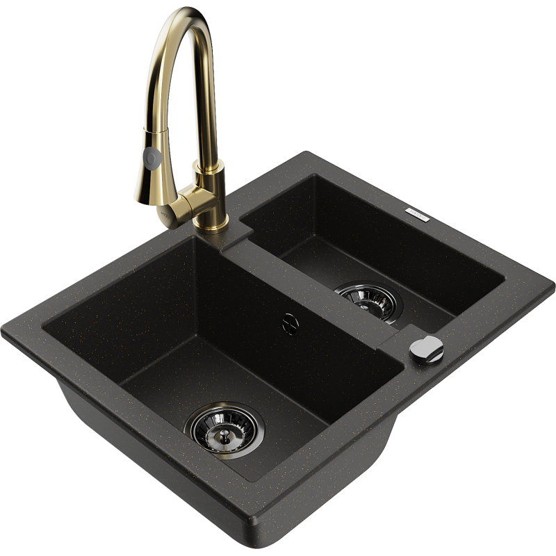 Mexen Carlos granitinė plautuvė 1,5 dalių su virtuvės maišytuvu Elia, juodas/auksinis metalikas - 6518-75-670101-50-B