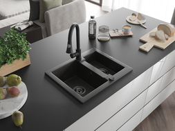 Mexen Carlos granito kriauklė 1,5 skylių su virtuviniu maišytuvu Elia, juodas/aukso metalikas - 6518-75-670101-70-B