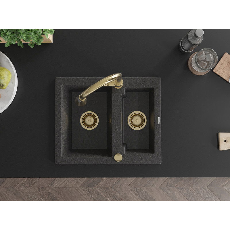 Mexen Carlos granito plautuvė 1,5 skyriumi su virtuvės maišytuvu Elia, juoda dėmėta - 6518-76-670101-50