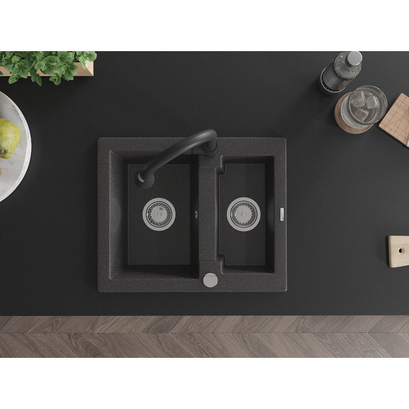 Mexen Carlos granitinis dviejų dalių kriauklė su Elia virtuvės maišytuvu, juodas dėmėtas - 6518-76-670101-70
