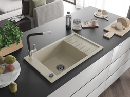 Mexen Elias vienos dalies granitinė kriauklė su indaplove ir virtuviniu maišytuvu Flora, smėlio - 6511-69-670401-07-B