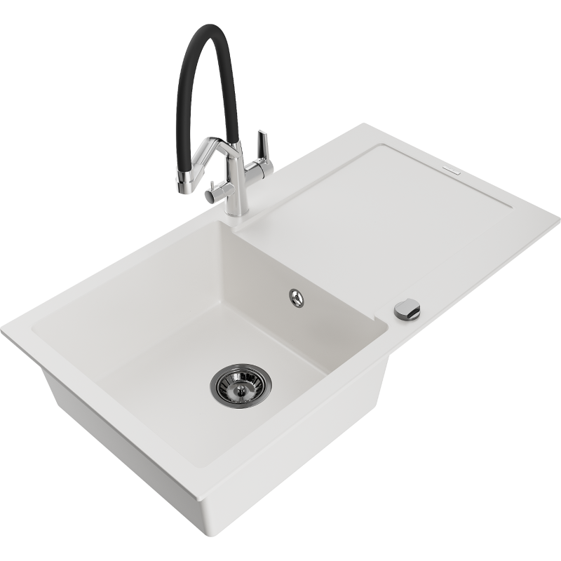 Mexen Leo granitinė vienos kameros kriauklė su nusausinimo lentyna ir Duo virtuviniu maišytuvu, balta - 6501-20-671701-07-B