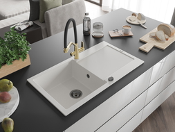 Mexen Leo vientisas granito plautuvas su nusausintuvu ir virtuviniu maišytuvu Duo, baltas - 6501-20-671701-57-B