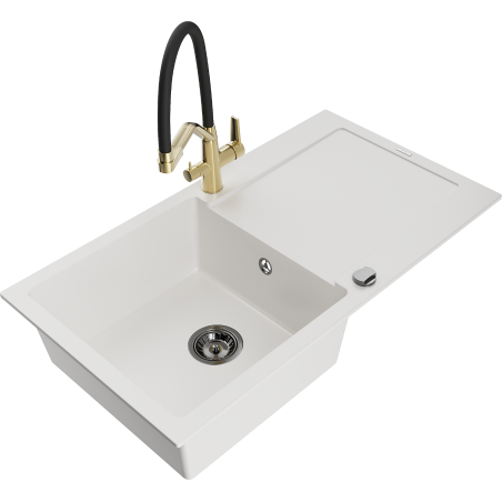 Mexen Leo vientisas granito plautuvas su nusausintuvu ir virtuviniu maišytuvu Duo, baltas - 6501-20-671701-57-B