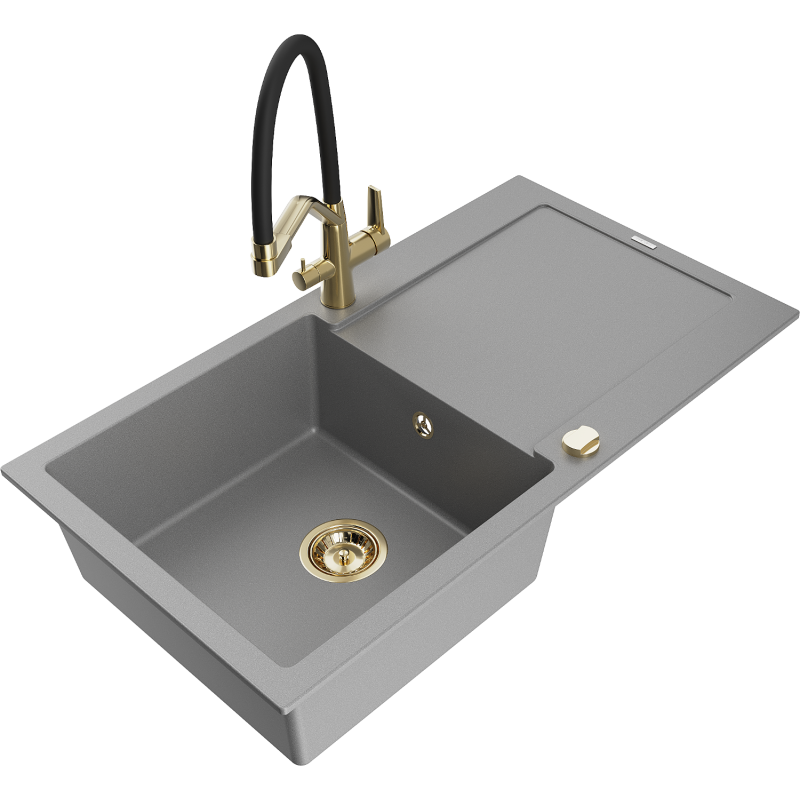 Mexen Leo granitinė vienos kameros kriauklė su nutekėjimo lenta ir Duo virtuvės maišytuvu, pilkas - 6501-71-671701-57-G