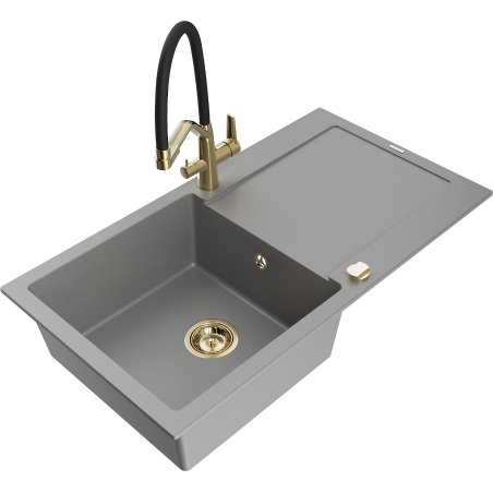 Mexen Leo granitinė vienos kameros kriauklė su nutekėjimo lenta ir Duo virtuvės maišytuvu, pilkas - 6501-71-671701-57-G