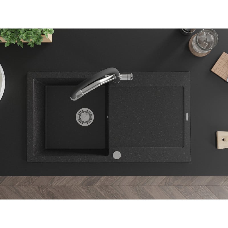 Mexen Leo vienos kamerų granitinė kriauklė su nusausinimo zona ir Duo virtuviniu maišytuvu, juoda/sidabrinis metalikas