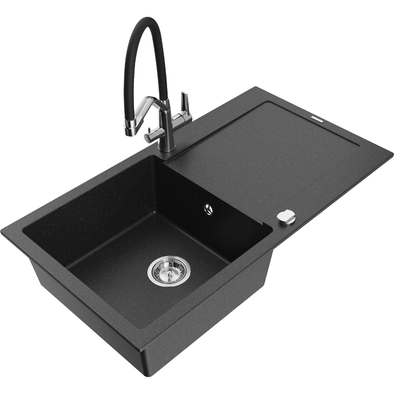 Mexen Leo vienos kamerų granitinė kriauklė su nusausinimo zona ir Duo virtuviniu maišytuvu, juoda/sidabrinis metalikas