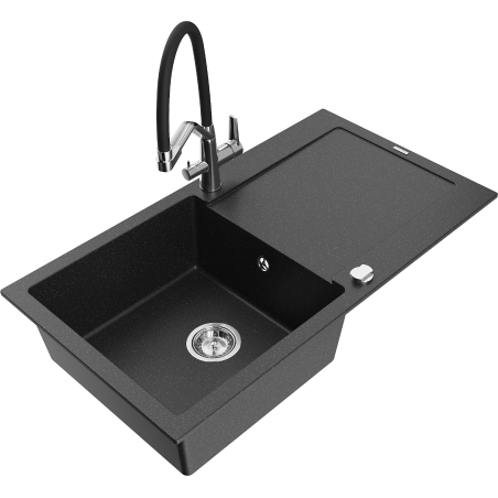 Mexen Leo vienos kamerų granitinė kriauklė su nusausinimo zona ir Duo virtuviniu maišytuvu, juoda/sidabrinis metalikas