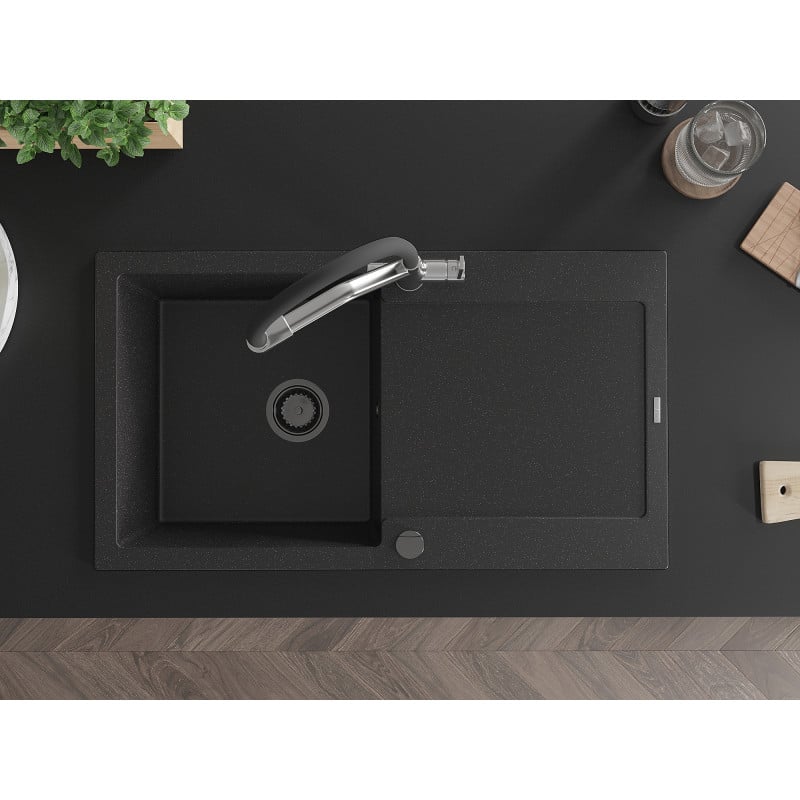 Mexen Leo granitinė vieno dubens kriauklė su drenažu ir maišytuvu Duo, juodas/sidabrinis metalikas - 6501-73-671701-07-B