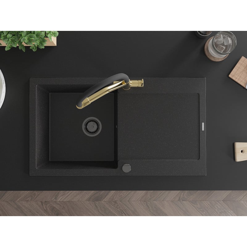 Mexen Leo granitinė vienos dalies kriauklė su nutekamąja dalimi ir virtuviniu maišytuvu Duo, juoda/sidabrinė metalikas