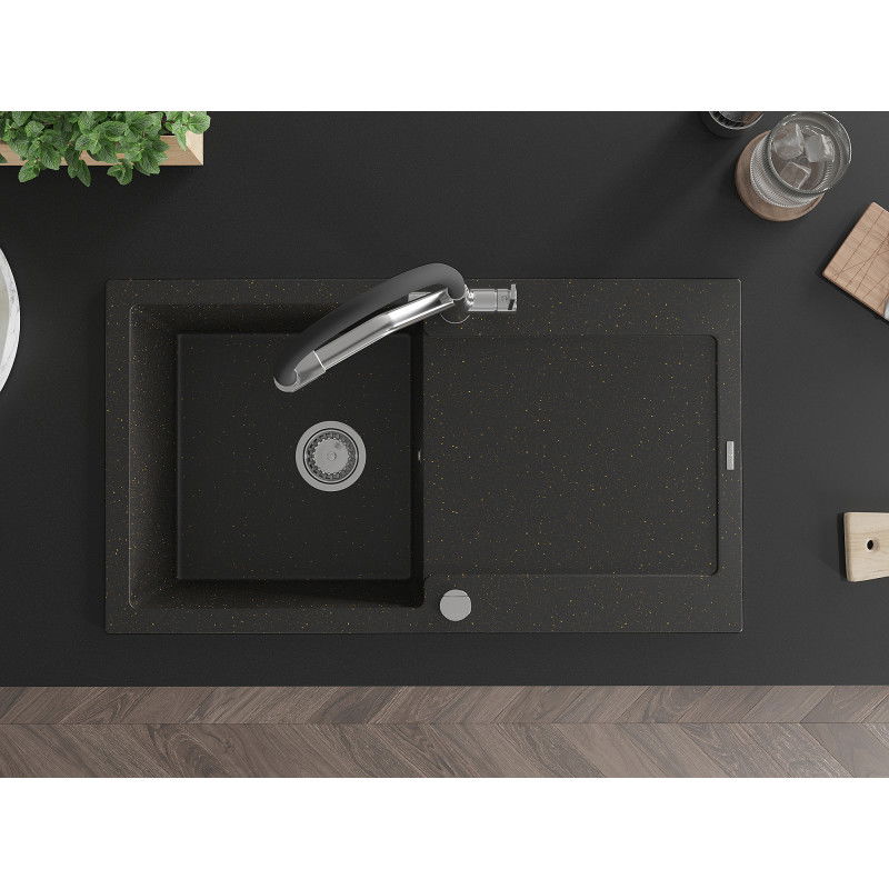 Mexen Leo granito virtuvės praustuvo rinkinys su viena plautuve ir maišytuvu Duo, juodas/auksinis metalikas - 6501-75-671701-07