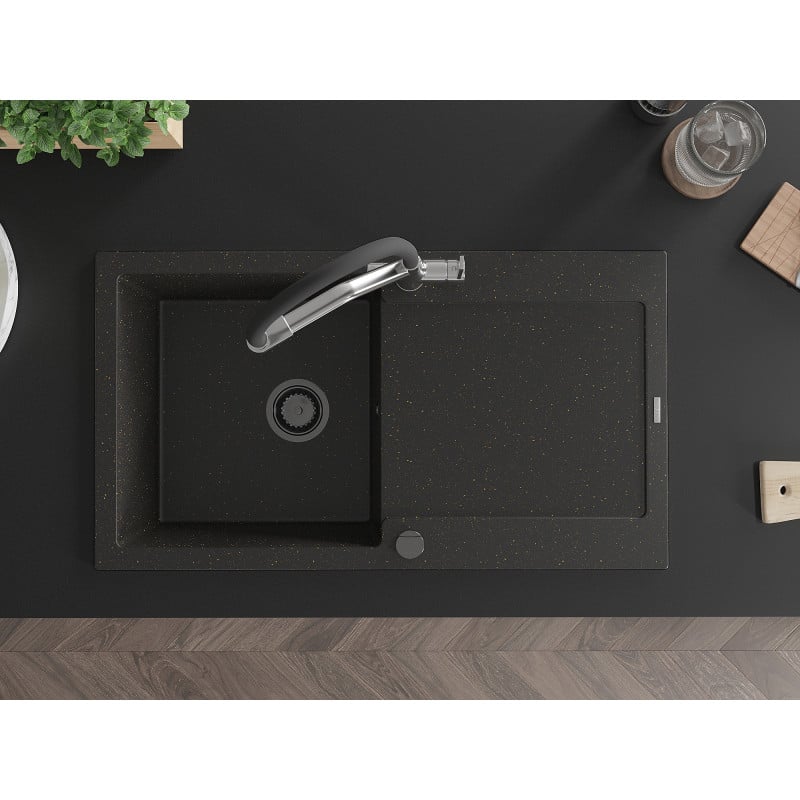 Mexen Leo granitinė vienos sekcijos plautuvė su nusausintuvu ir Duo virtuviniu maišytuvu, juodas/auksinis metalikas