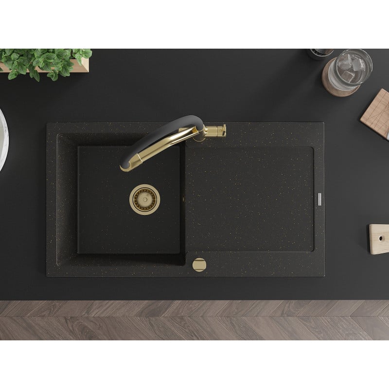 Mexen Leo granitinė vienos kameros kriauklė su vandens nuvedimo įrenginiu ir virtuvės maišytuvu Duo, juoda/auksinis