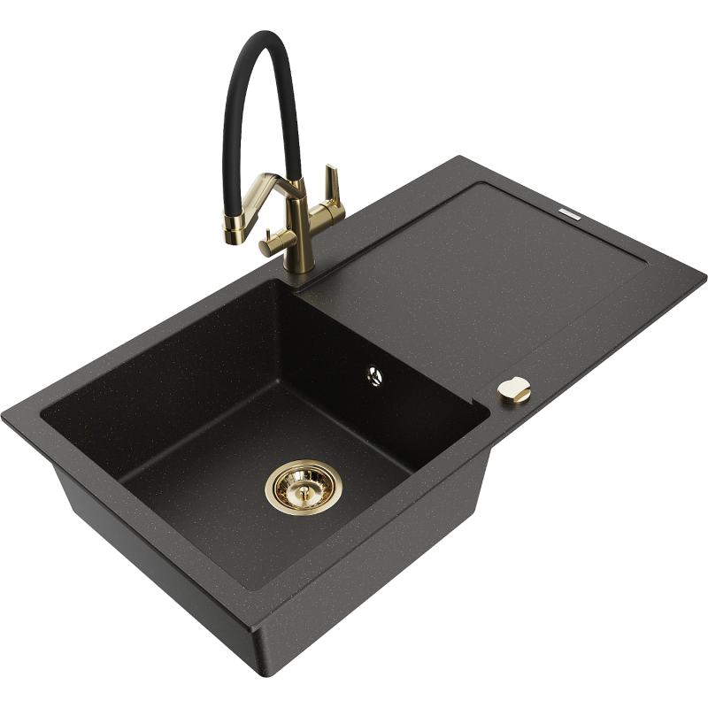 Mexen Leo granitinė vienos kameros kriauklė su vandens nuvedimo įrenginiu ir virtuvės maišytuvu Duo, juoda/auksinis