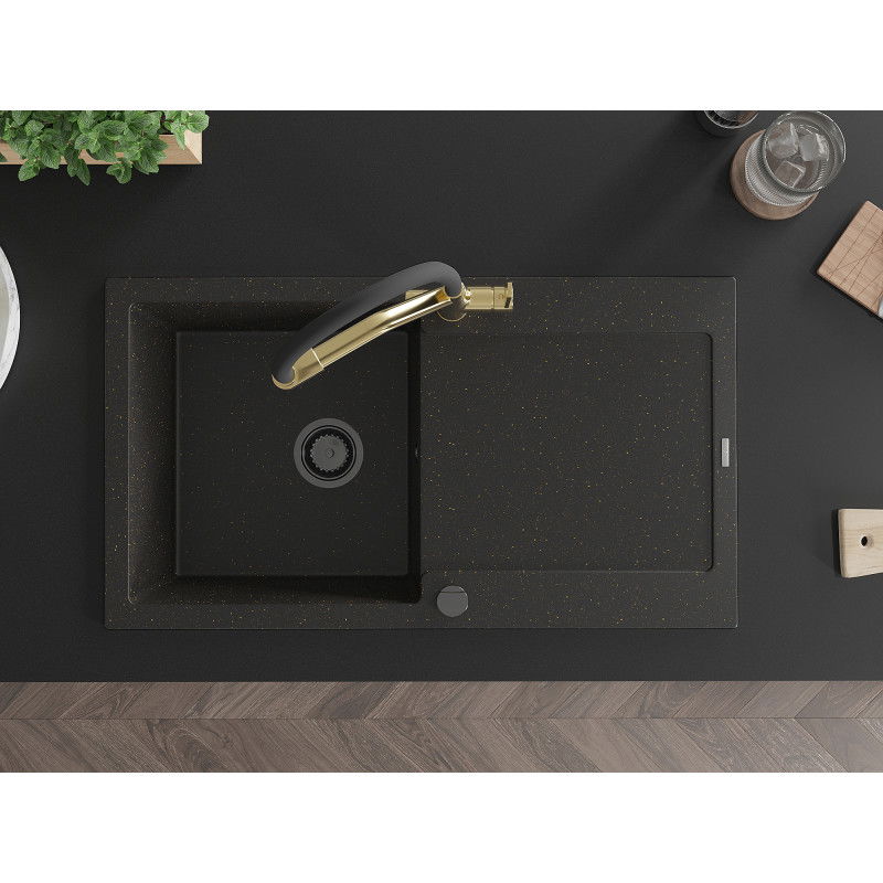 Mexen Leo granitinė viena kriauklė su nutekėjimu ir Duo virtuviniu maišytuvu, juodas/auksinis metalikas