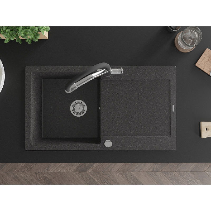Mexen Leo vienos kameros granitinė plautuvė su nusausinimu ir virtuviniu maišytuvu Duo, juoda dėmėta - 6501-76-671701-07